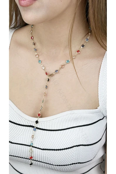 Y Kolye, Çok Renkli 384, Kasa Altın Renk - 2