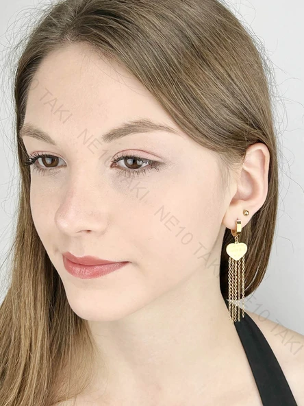 Küpe, Kararmayan Paslanmaz Çelik, Kalp Detaylı, Altın Renk, Model561 - Resim 2