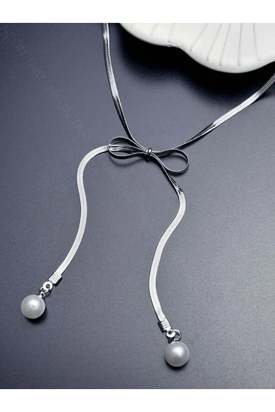 Kolye, Kararmayan Paslanmaz Çelik, Kurdela ve İnci Detaylı, Gümüş Renk, Model356 - Resim 3