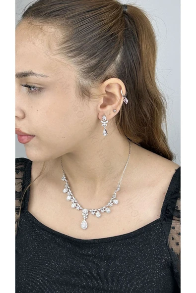 Zirkon Taşlı, Rodyum Kaplama Kolye Küpe Seti 52, Gümüş Renk - 5