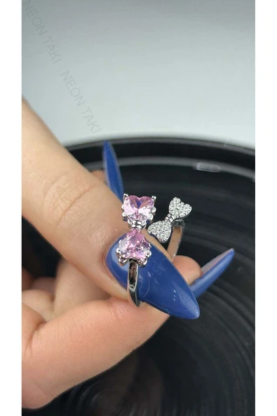 Pembe Taşlı, Kurdele Figürlü, Paslanmaz Çelik Yüzük 154, Gümüş Renk, Ayarlanabilir - 2