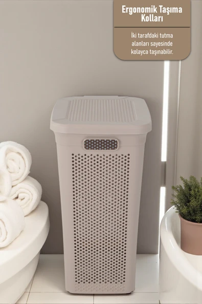 İronika Slim Kapaklı Dekoratif Kirli Çamaşır Sepeti 45 Litre - Kahve - 4