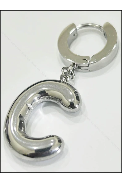 Harf Küpe, Kararmayan Paslanmaz Çelik, C Harf, Balon Formlu, Gümüş Renk, Model290 - Resim 3