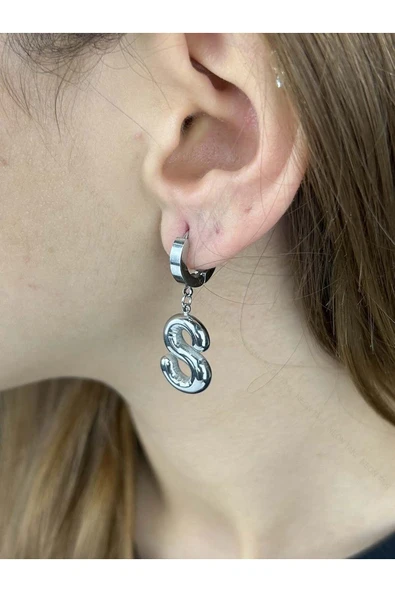 Harf Küpe, Kararmayan Paslanmaz Çelik, S Harf, Balon Formlu, Gümüş Renk, Model298 ürün görseli 1