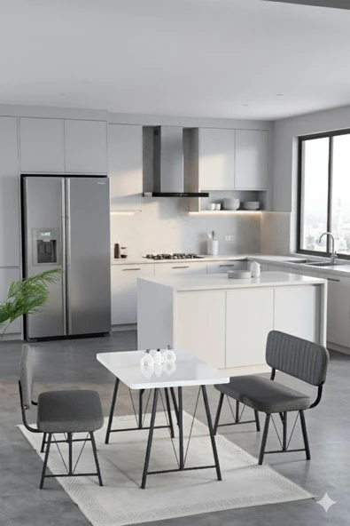 Elfin 70x110cm Sabit Beyaz, Yemek Masası, Yemek Masası Takımı, 2 Antrasit Benchli