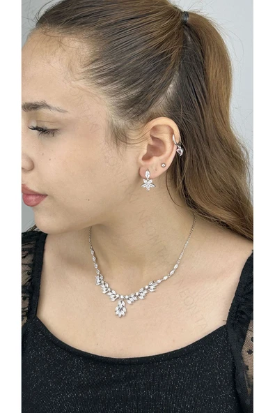 Zirkon Taşlı, Rodyum Kaplama Kolye Küpe Seti 58, Gümüş Renk - 3