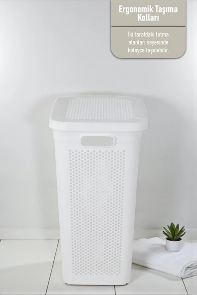 İronika Slim Kapaklı Dekoratif Kirli Çamaşır Sepeti 45 Litre - Beyaz - 4