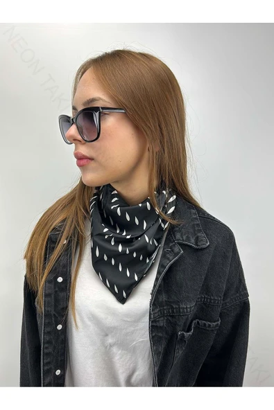 Siyah Fon, Beyaz Damlalar, Fular 6, 57cmx55cm - 1