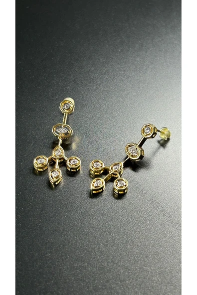 Küpe, Zirkon Taşlı, Kararmayan Paslanmaz Çelik, Geometrik Tasarım, Altın Renk, Model605 - Resim 3