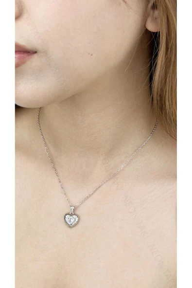 Kolye, Zirkon Taşlı, Kararmayan Paslanmaz Çelik, Kalp Detaylı, Gümüş Renk, Model360 - Resim 2