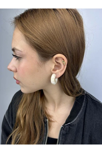 Bej Ve Kahve Mermer Görünümlü, Yarım Halka Model, Küpe 436, Krem Renk - 2