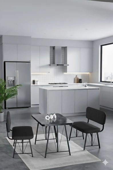 Elfin 70x110cm Sabit Bendir, Yemek Masası, Yemek Masası Takımı, 2 Siyah Benchli