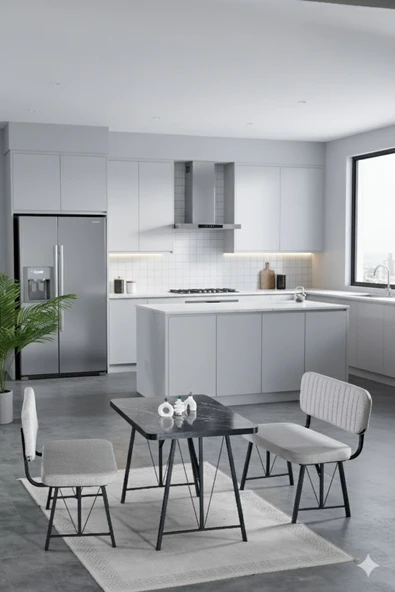 Elfin 70x110cm Sabit Bendir, Yemek Masası, Yemek Masası Takımı, 2 Gri Benchli