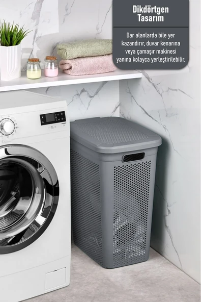 İronika Slim İki Bölmeli Kapaklı Dekoratif Kirli Çamaşır Sepeti 90 Litre Gri - Beyaz - 4
