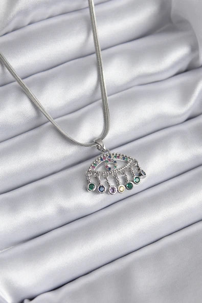 316L Çelik Gümüş Renk İtalyan Zincir Zirkon Taşlı Göz Figür Kadın Kolye - TJ-BKO8146 ürün görseli 1