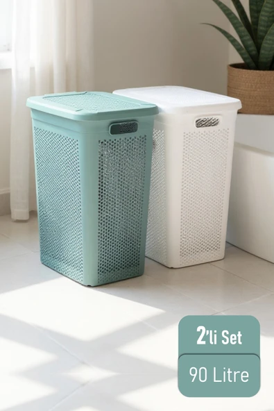 İronika Slim İki Bölmeli Kapaklı Dekoratif Kirli Çamaşır Sepeti 90 Litre Yeşil - Beyaz