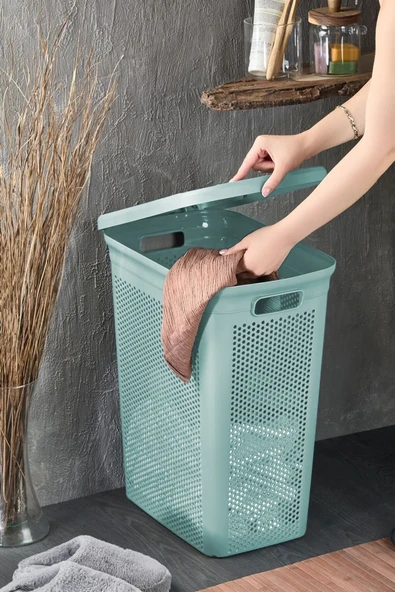 İronika Slim İki Bölmeli Kapaklı Dekoratif Kirli Çamaşır Sepeti 90 Litre Yeşil - Beyaz - 4