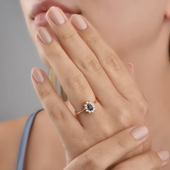 14 Ayar Mikron Altın Kaplama Safir Taşlı Damla Halo Yüzük – Vintage Stil - RS00116 ürün görseli 1