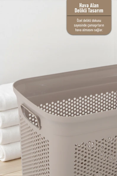 İronika Slim İki Bölmeli Kapaklı Dekoratif Kirli Çamaşır Sepeti 90 Litre Kahve - Beyaz - 5