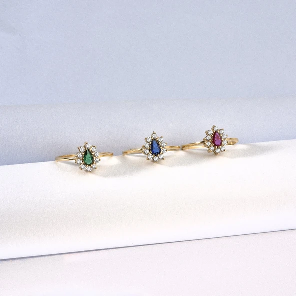 14 Ayar Mikron Altın Kaplama Zümrüt Yeşili Taşlı Damla Halo Yüzük – Vintage Stil - RS00117 - Resim 4