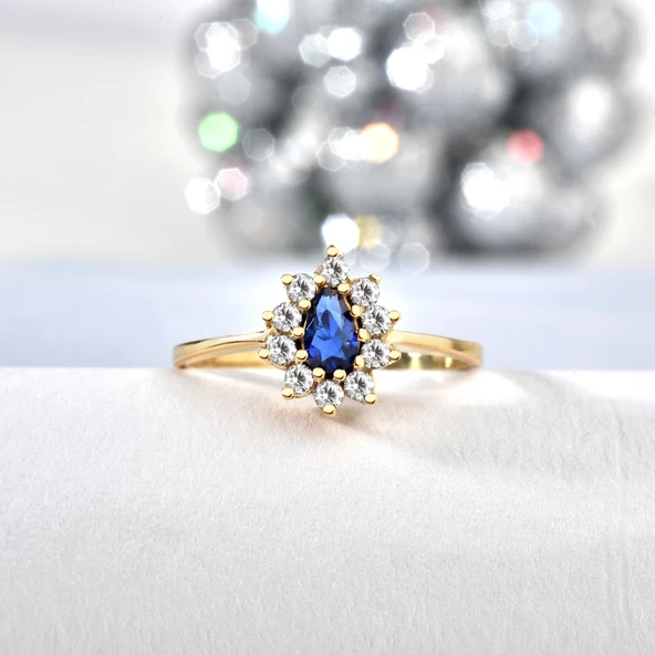 14 Ayar Mikron Altın Kaplama Safir Taşlı Damla Halo Yüzük – Vintage Stil - RS00116 - Resim 2