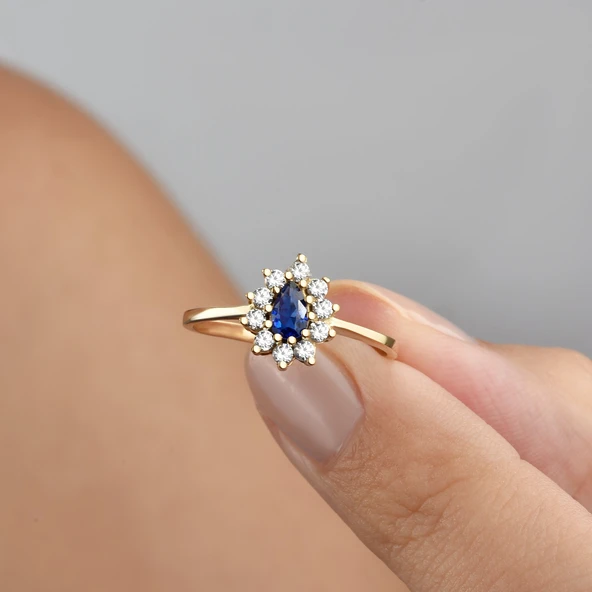 14 Ayar Mikron Altın Kaplama Safir Taşlı Damla Halo Yüzük – Vintage Stil - RS00116 - Resim 3