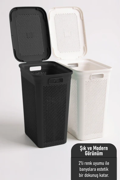 İronika Slim İki Bölmeli Kapaklı Dekoratif Kirli Çamaşır Sepeti 90 Litre Siyah - Beyaz - 2