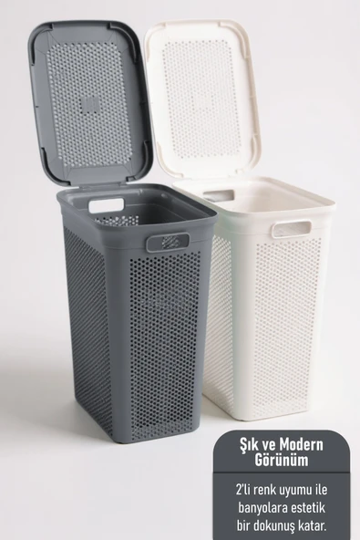 İronika Slim İki Bölmeli Kapaklı Dekoratif Kirli Çamaşır Sepeti 90 Litre Gri - Beyaz - 2