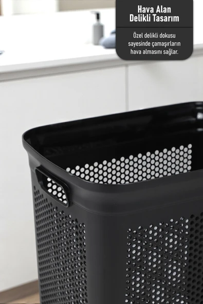 İronika Slim İki Bölmeli Kapaklı Dekoratif Kirli Çamaşır Sepeti 90 Litre Siyah - Beyaz - 4