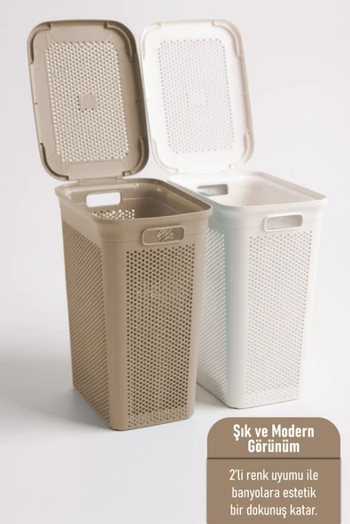 İronika Slim İki Bölmeli Kapaklı Dekoratif Kirli Çamaşır Sepeti 90 Litre Kahve - Beyaz - 2