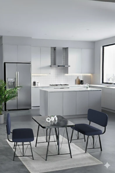 Elfin 70x110cm Sabit Bendir, Yemek Masası, Yemek Masası Takımı, 2 Lacivert Benchli