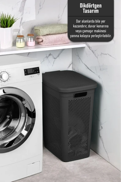 İronika Slim İki Bölmeli Kapaklı Dekoratif Kirli Çamaşır Sepeti 90 Litre Siyah - Beyaz - 5