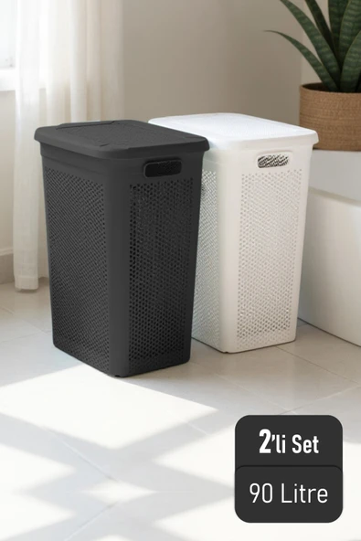 İronika Slim İki Bölmeli Kapaklı Dekoratif Kirli Çamaşır Sepeti 90 Litre Siyah - Beyaz