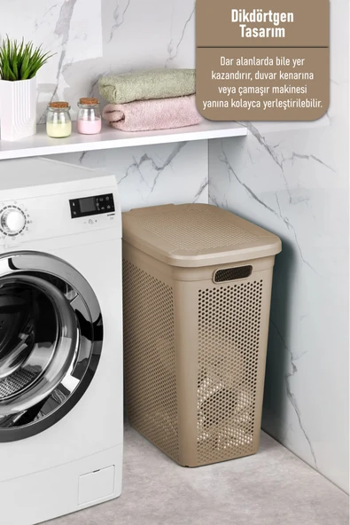İronika Slim İki Bölmeli Kapaklı Dekoratif Kirli Çamaşır Sepeti 90 Litre Kahve - Beyaz - 4
