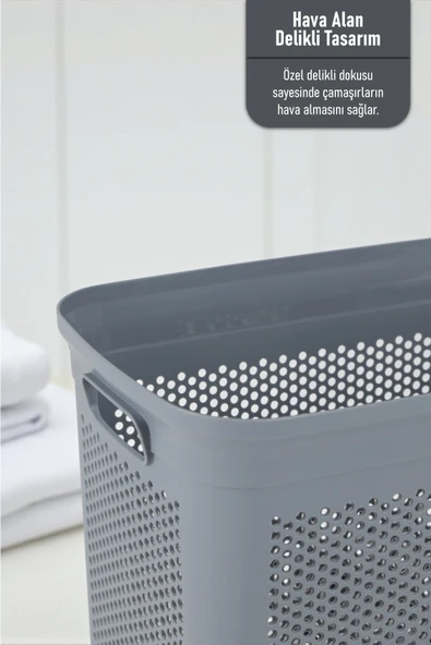 İronika Slim İki Bölmeli Kapaklı Dekoratif Kirli Çamaşır Sepeti 90 Litre Gri - Beyaz - 5