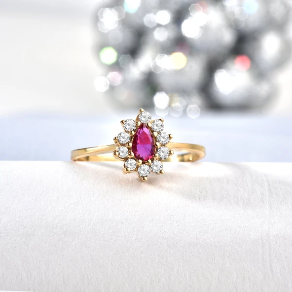 14 Ayar Mikron Altın Kaplama Kırmızı Taşlı Damla Halo Yüzük – Vintage Still - RS00118 - Resim 3