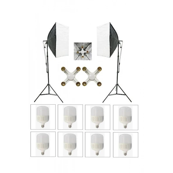 4 Duylu Softbox (2 Adet) + 2 M Işık Ayağı +8 Adet 20 Wat Led Lamba (toplam 14 400 Lümen)
