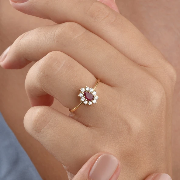 14 Ayar Mikron Altın Kaplama Kırmızı Taşlı Damla Halo Yüzük – Vintage Still - RS00118 ürün görseli 1