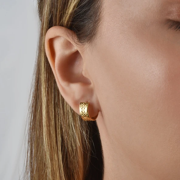 14 Ayar Mikron Altın Kaplama Kalın Desenli Huggie Halka Gümüş Küpe - E00297 ürün görseli 1