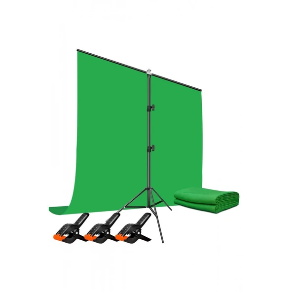 Green Screen Greenbox Yeşil Fon Perde (1.5x2 M) + Tek Ayaklı Fon Standı + 3 Mandal