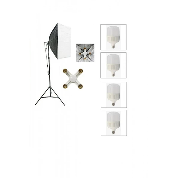 4 Duylu Softbox ,2m Işık Ayağı , 4x20 Wat Led Lamba (7200 Lümen), sabit ışık,sürekli ışık