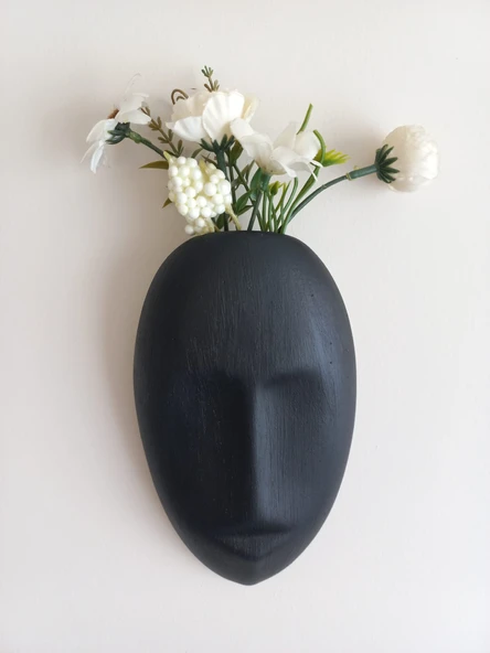 Dekoratif Maske Duvar Vazosu, Duvar Dekoru ,Heykel Duvar Süsü,Siyah - Resim 4