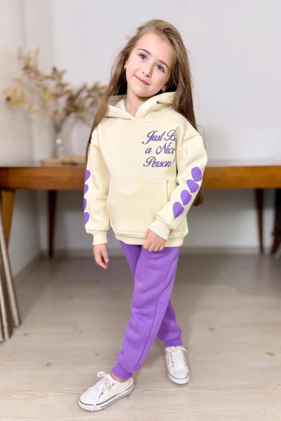 Kız Çocuk Sırt Baskılı ve Kollarında Yazı Detaylı Sweatshirt Mor Eşofman Takım ürün görseli