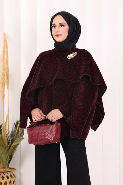 Atkı Detay Leoparlı Panço 70061-1 Bordo - Resim 4