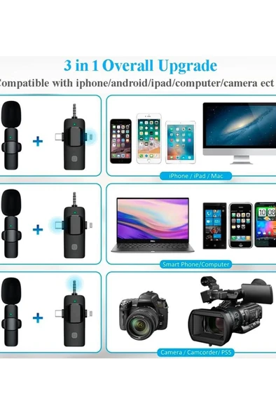 Yüksek Kalite Profesyonel 3 In 1 Kablosuz Taşınabilir Yaka Mikrofonu Youtube Facebook Tiktok - Resim 6