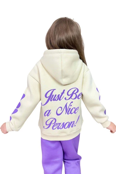 Kız Çocuk Sırt Baskılı ve Kollarında Yazı Detaylı Sweatshirt Mor Eşofman Takım - Resim 6