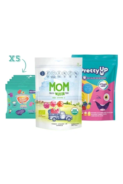 MOM Organik Lolipop 58g & Pretty Up Şekersiz Lolipop 55g & Mutlivitamin ve Mineralli Jelibon 20gx5