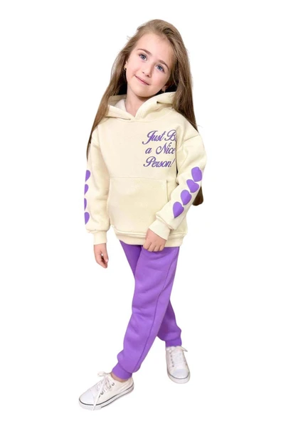 Kız Çocuk Sırt Baskılı ve Kollarında Yazı Detaylı Sweatshirt Mor Eşofman Takım - Resim 5