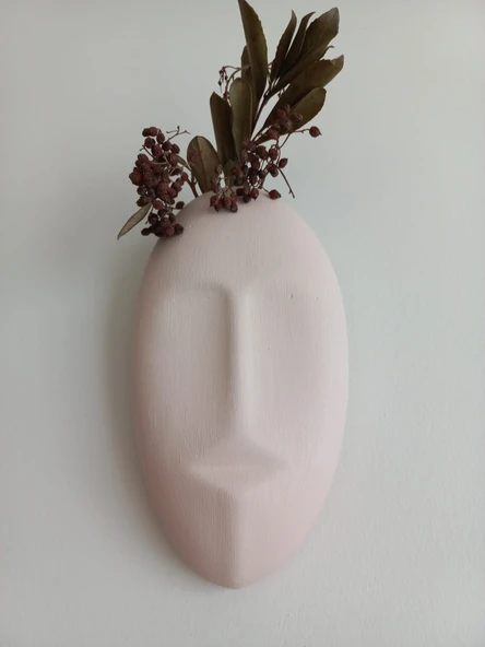 Dekoratif Maske Duvar Vazosu, Duvar Dekoru ,Heykel Duvar Süsü, Bej - Resim 3