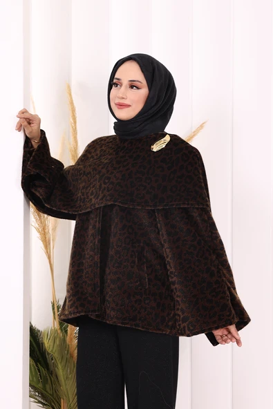 Atkı Detay Leoparlı Panço 70061-1 Kahverengi - Resim 4